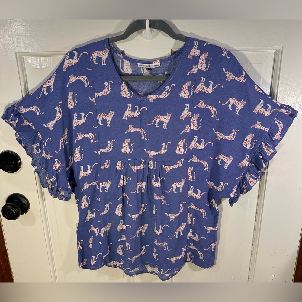 Michelle McDowell Short Sleeve Cheetah Top Ruffles Blouse Size M